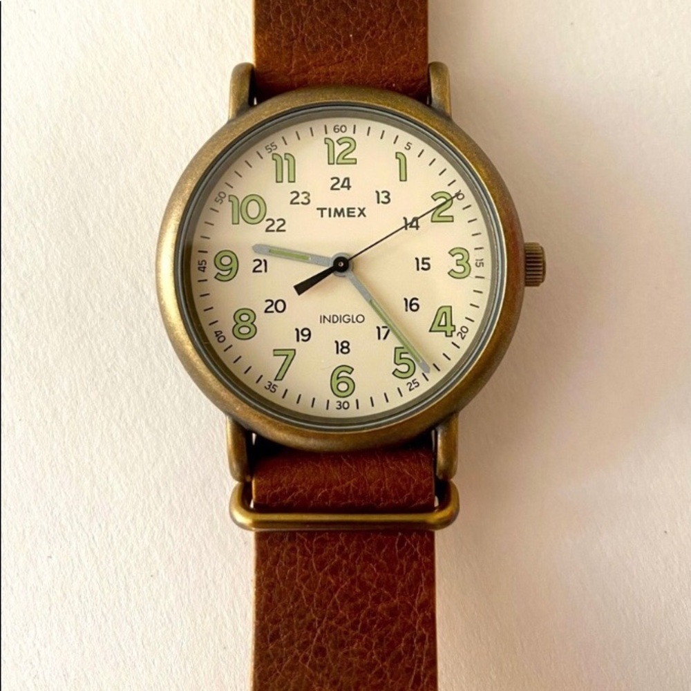 Timex Watch—Indiglo, Gold tone, leather, and WR30m
